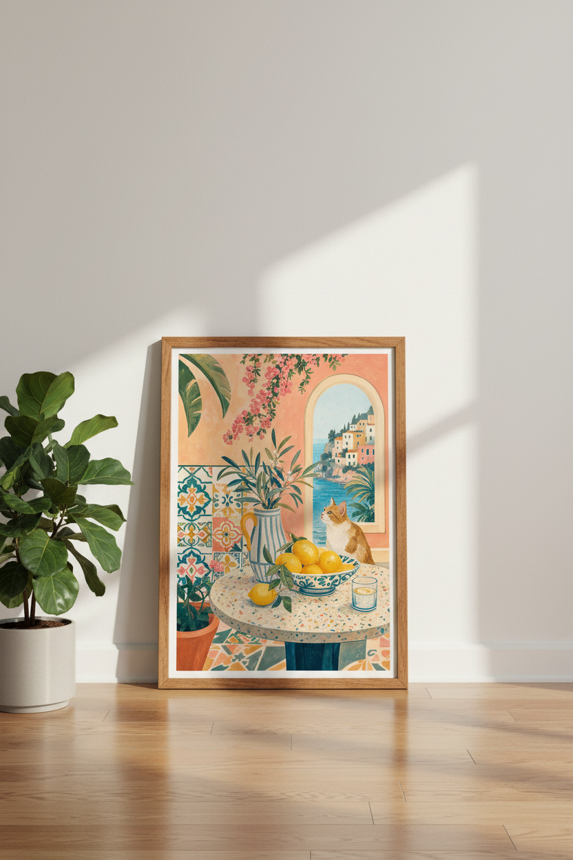 Mediterranean Cat &amp; Lemons Wall Art | Amalfi Coast Decor | Italy Summer Poster