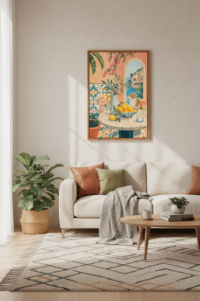 Mediterranean Cat &amp; Lemons Wall Art | Amalfi Coast Decor | Italy Summer Poster