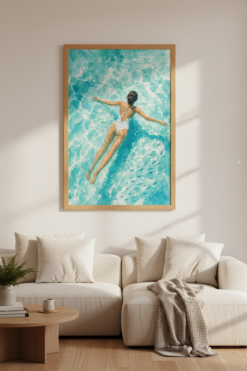 Woman Swimming Watercolor Art | Teal Coastal Decor, Modern Summer Poster