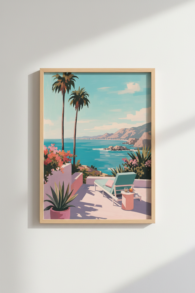 Coastal View Wall Art Print | Mediterranean Terrace Decor | Tropical Pastel Poster