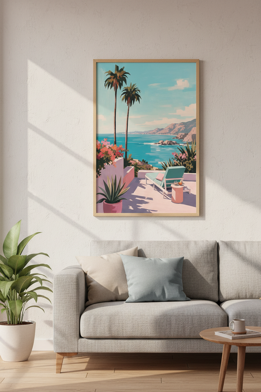 Coastal View Wall Art Print | Mediterranean Terrace Decor | Tropical Pastel Poster