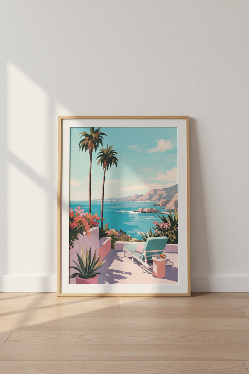 Coastal View Wall Art Print | Mediterranean Terrace Decor | Tropical Pastel Poster