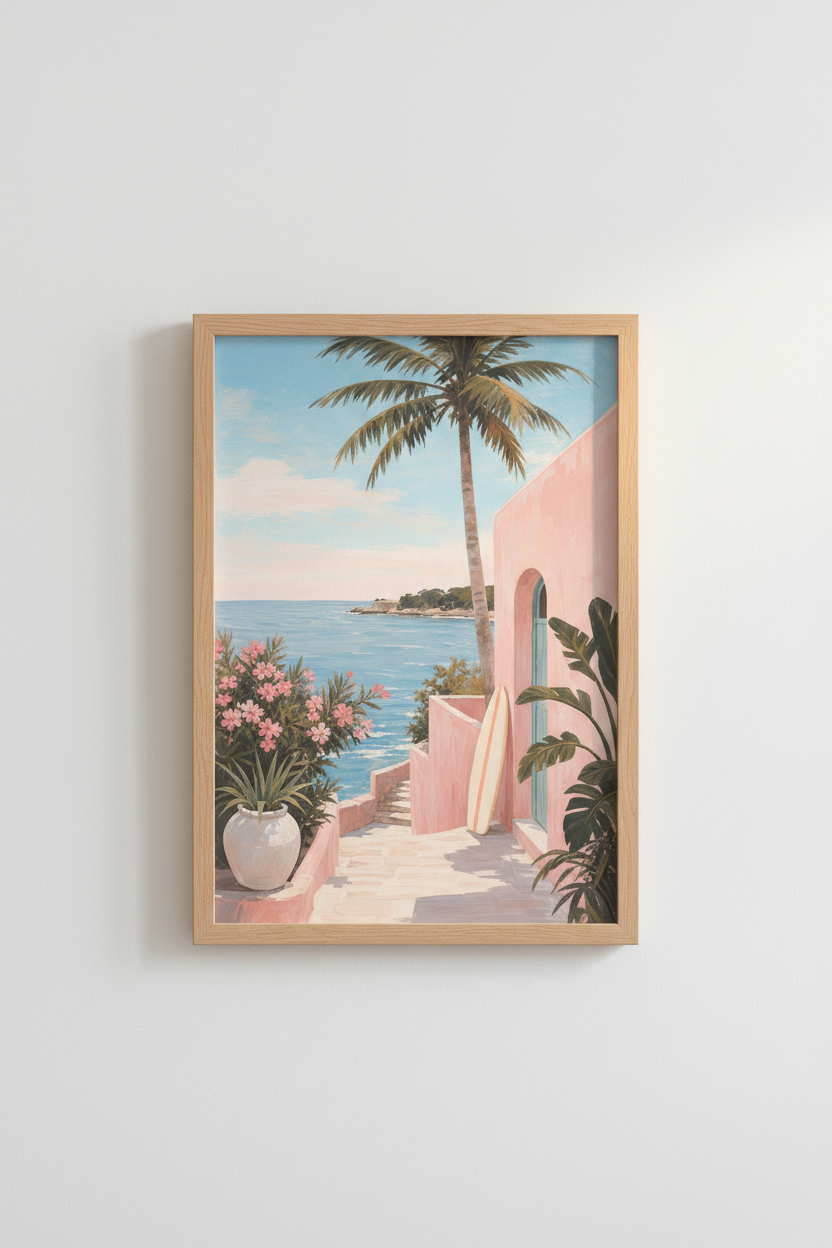 Coastal Pink House Wall Art Print | Tropical Beach Decor, Mediterranean Poster