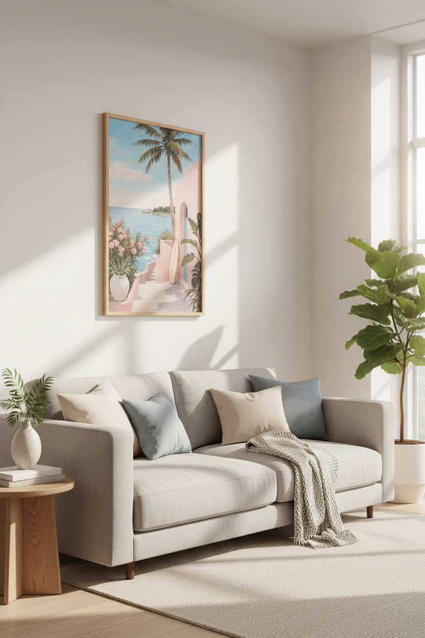 Coastal Pink House Wall Art Print | Tropical Beach Decor, Mediterranean Poster
