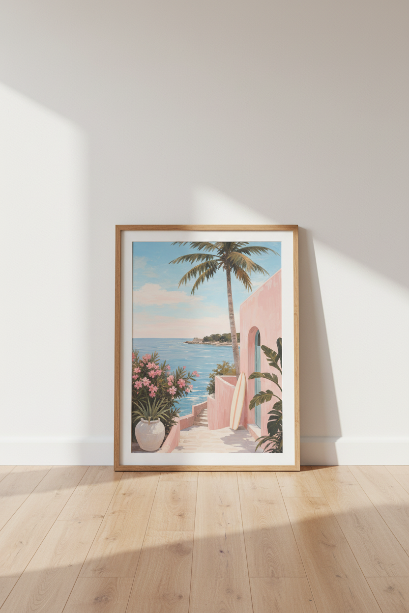 Coastal Pink House Wall Art Print | Tropical Beach Decor, Mediterranean Poster