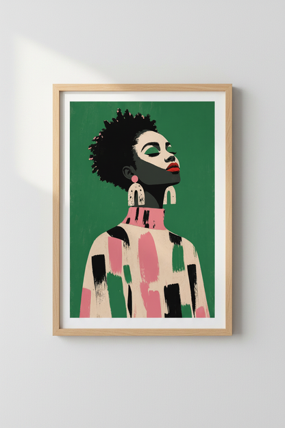 afrocentric wall art | Bold portrait, green backdrop | Living room decor