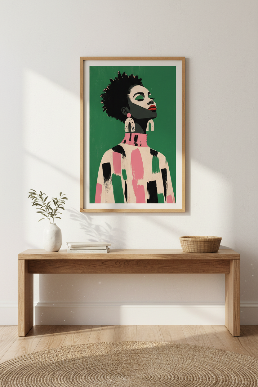afrocentric wall art | Bold portrait, green backdrop | Living room decor