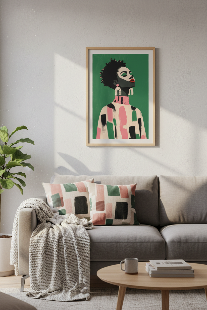 afrocentric wall art | Bold portrait, green backdrop | Living room decor