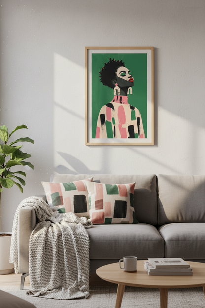 afrocentric wall art | Bold portrait, green backdrop | Living room decor