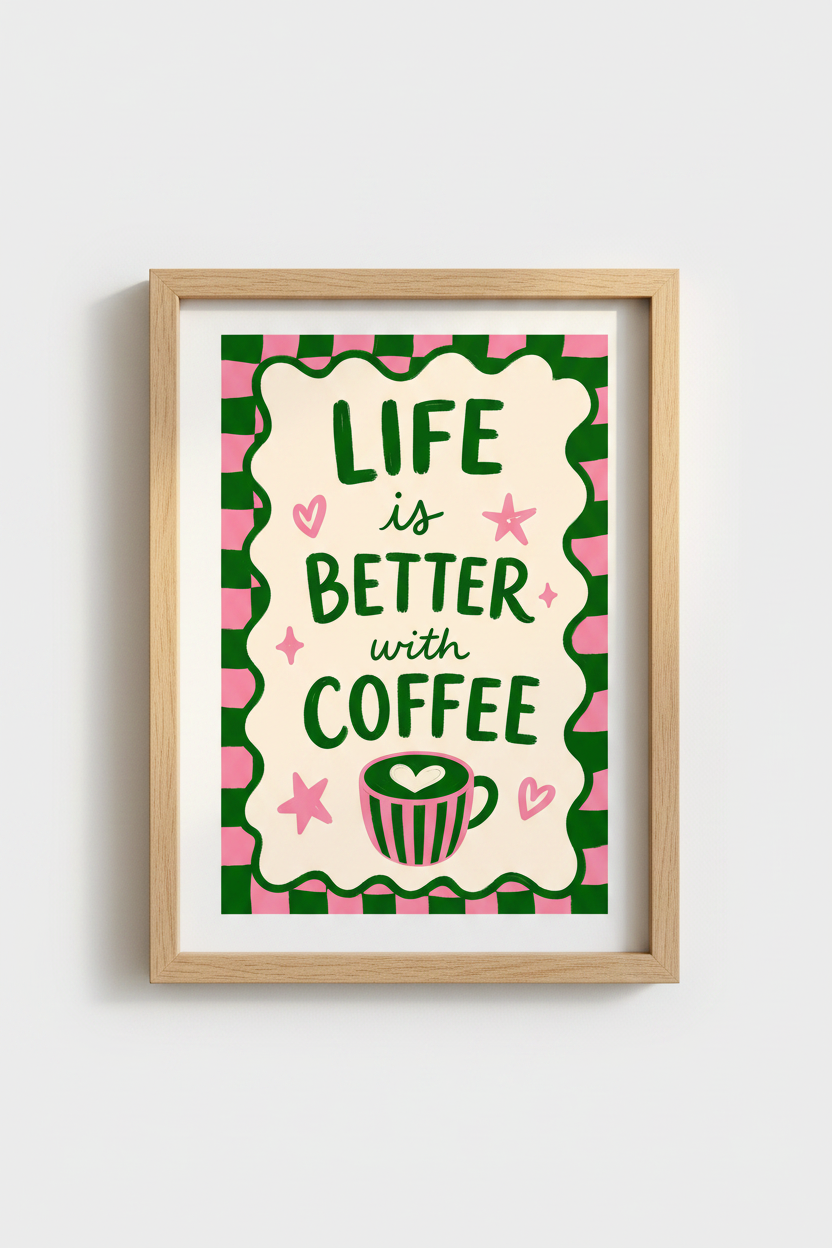 Funky Kitchen Wall Art Print | Pink and Green Coffee Poster | Maximalist Decor