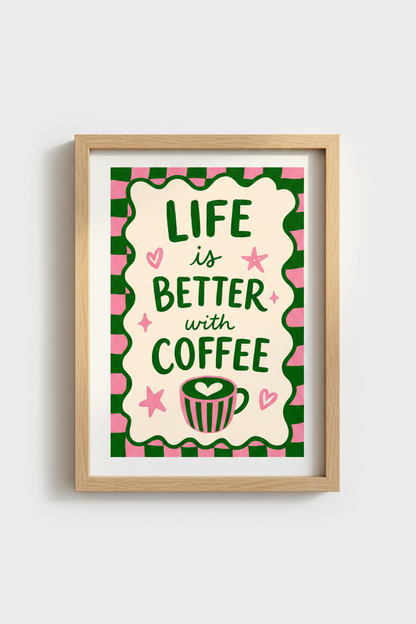 Funky Kitchen Wall Art Print | Pink and Green Coffee Poster | Maximalist Decor