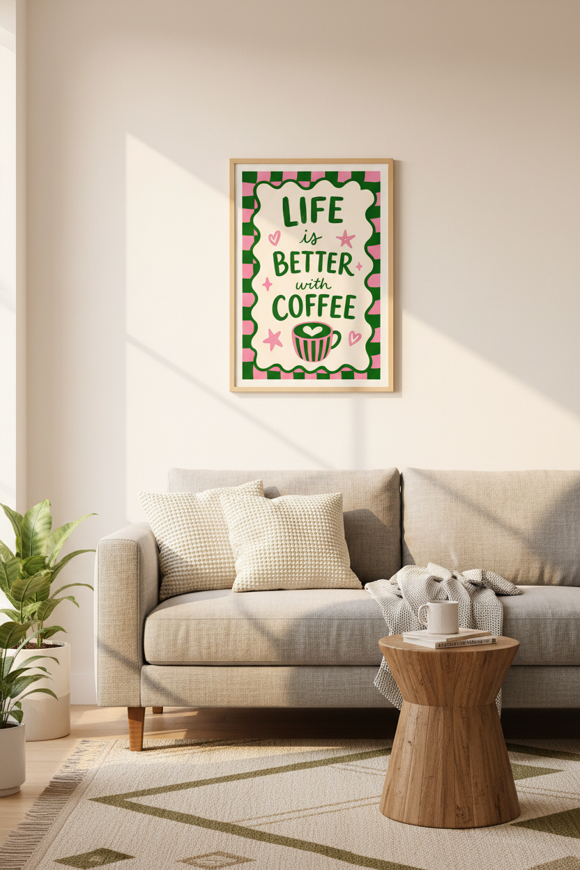 Funky Kitchen Wall Art Print | Pink and Green Coffee Poster | Maximalist Decor