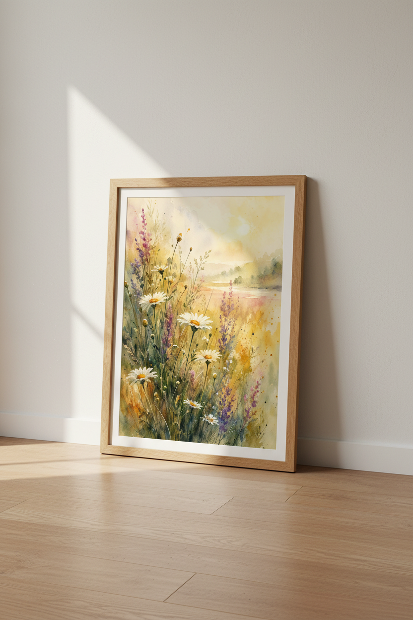 Daisy Wildflower Watercolor Wall Art | Meadow Landscape, Cottagecore Decor