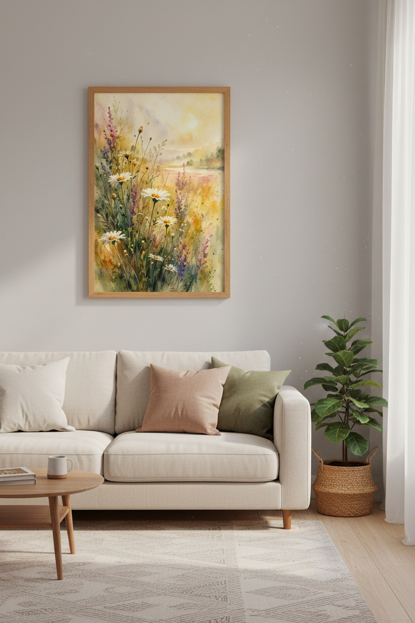 Daisy Wildflower Watercolor Wall Art | Meadow Landscape, Cottagecore Decor
