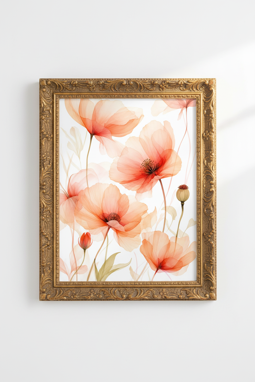 Orange Poppy Wall Art | Watercolor Peach Hues, Living Room Decor