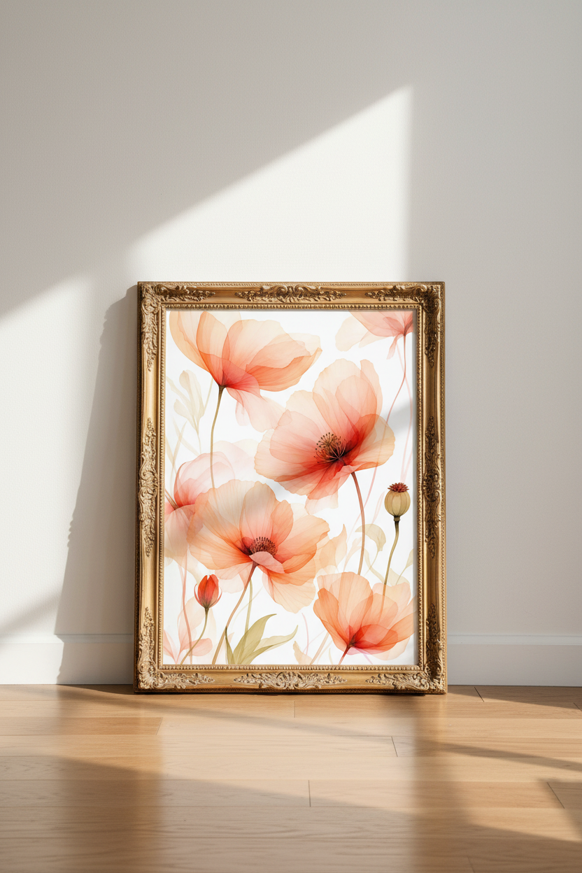 Orange Poppy Wall Art | Watercolor Peach Hues, Living Room Decor