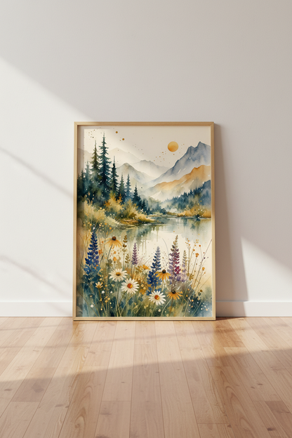 Mountain Lake Watercolor Wall Art Print | Boho Nature Decor | Sage &amp; Blue Poster