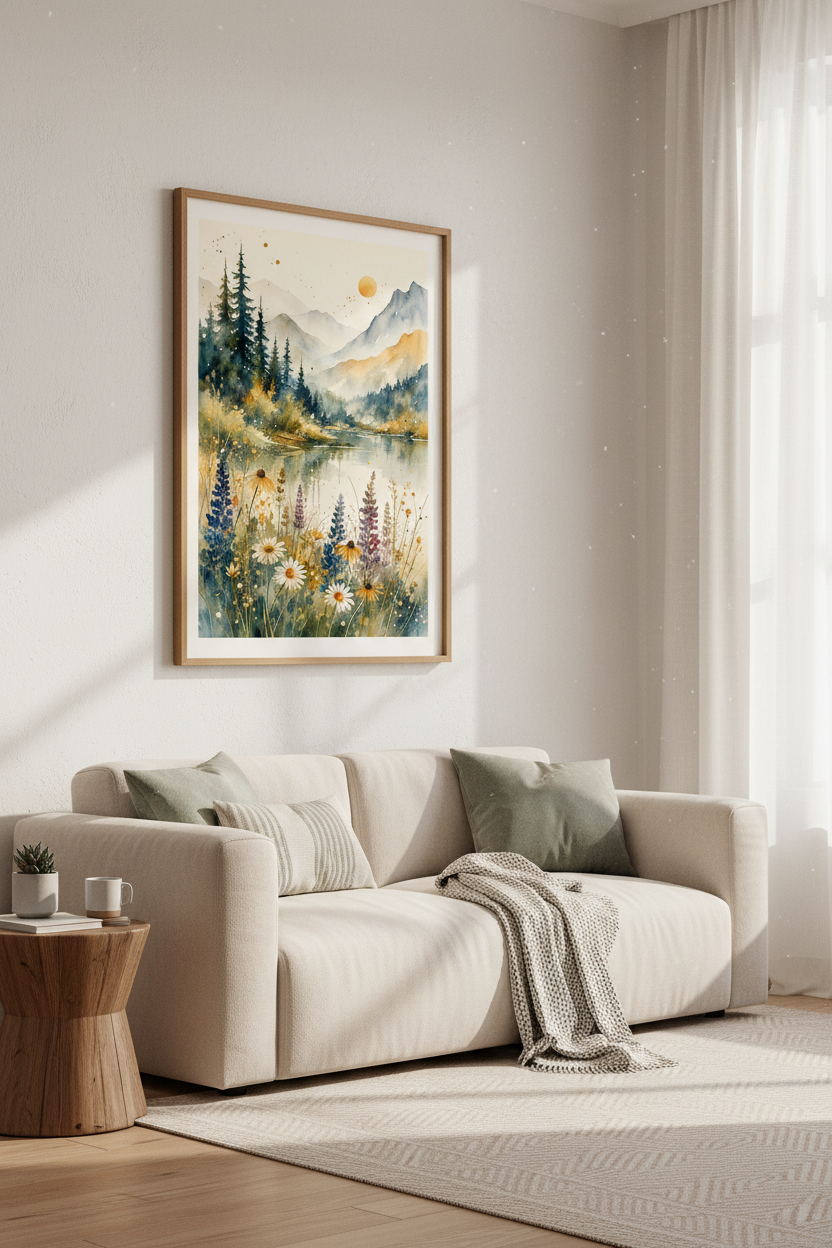 Mountain Lake Watercolor Wall Art Print | Boho Nature Decor | Sage &amp; Blue Poster