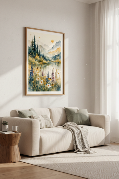 Mountain Lake Watercolor Wall Art Print | Boho Nature Decor | Sage &amp; Blue Poster