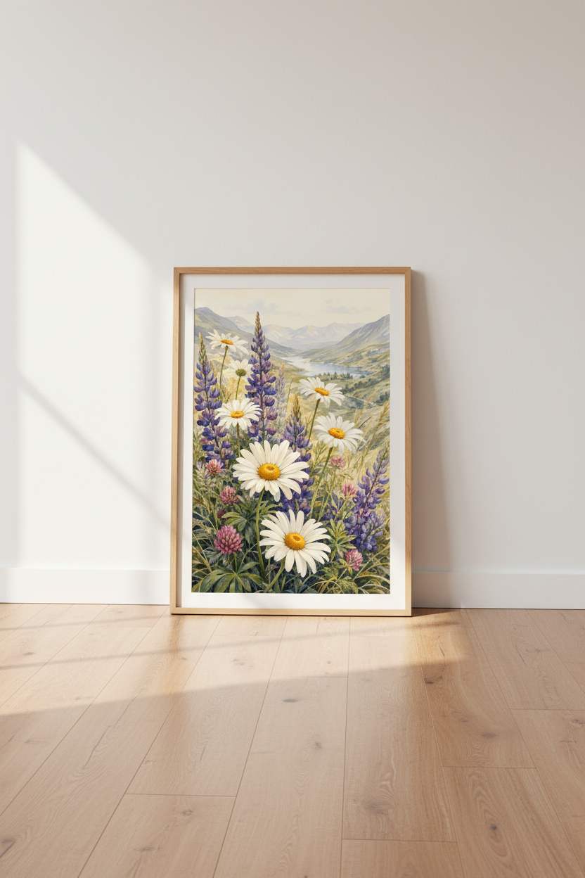 Wildflower Mountain Landscape | Watercolor Daisy &amp; Lupine Art, Nature Decor