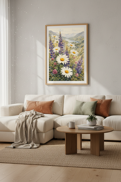 Wildflower Mountain Landscape | Watercolor Daisy &amp; Lupine Art, Nature Decor