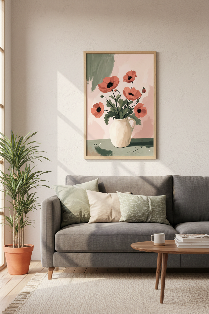 Red Poppy Floral Print | Sage &amp; Blush Still Life, Botanical Living Room Decor