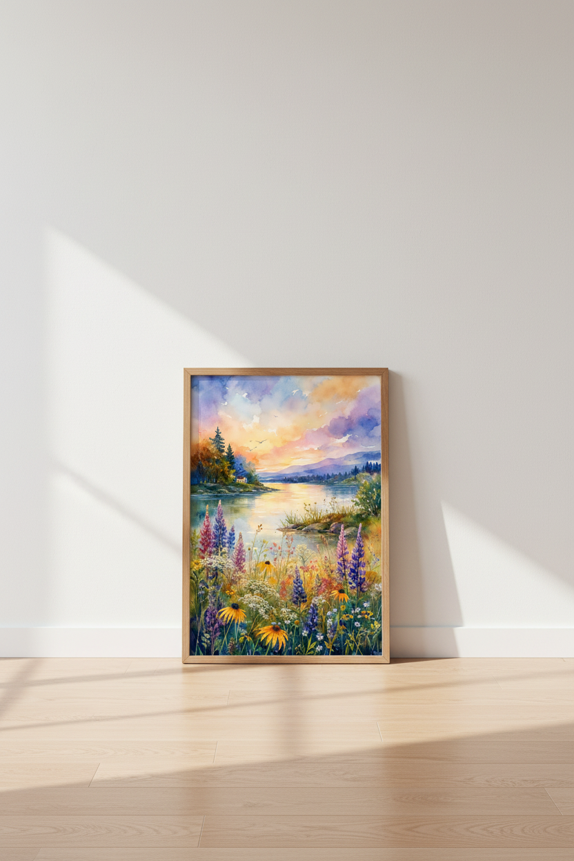 Watercolor Lake Sunset Wall Art | Wildflower Meadow Landscape, Nature Poster