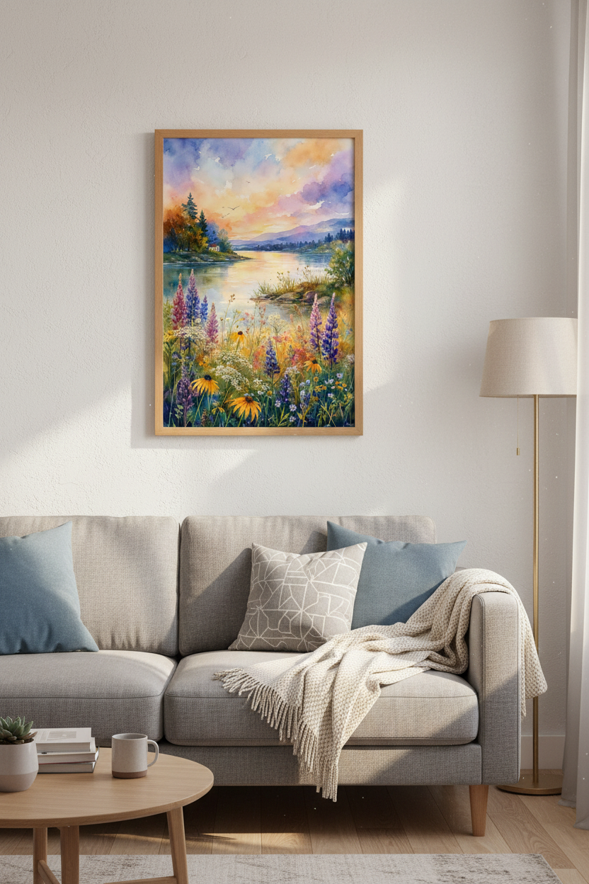 Watercolor Lake Sunset Wall Art | Wildflower Meadow Landscape, Nature Poster
