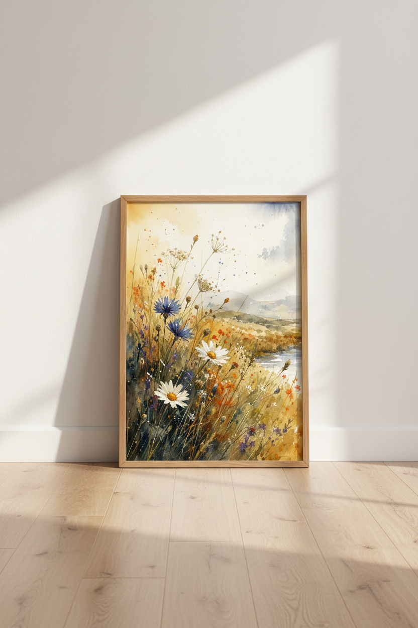 Wildflower Meadow Watercolor | Nature Landscape, Bedroom Living Room Wall Art Poster