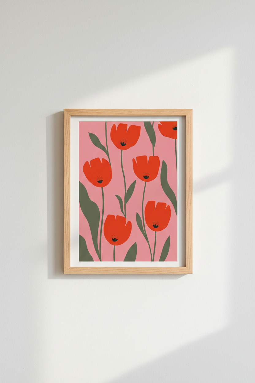 Floral Wall Art | Red Tulips Pink Background | Living Room Decor Poster