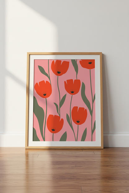 Floral Wall Art | Red Tulips Pink Background | Living Room Decor Poster