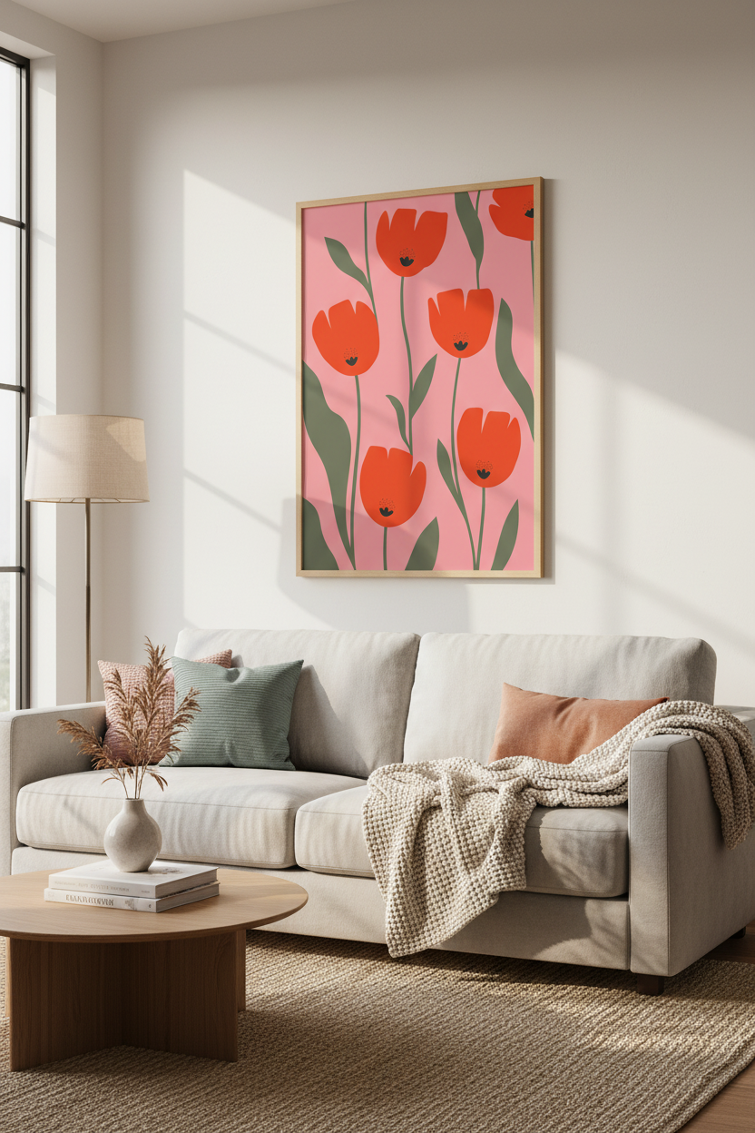 Floral Wall Art | Red Tulips Pink Background | Living Room Decor Poster