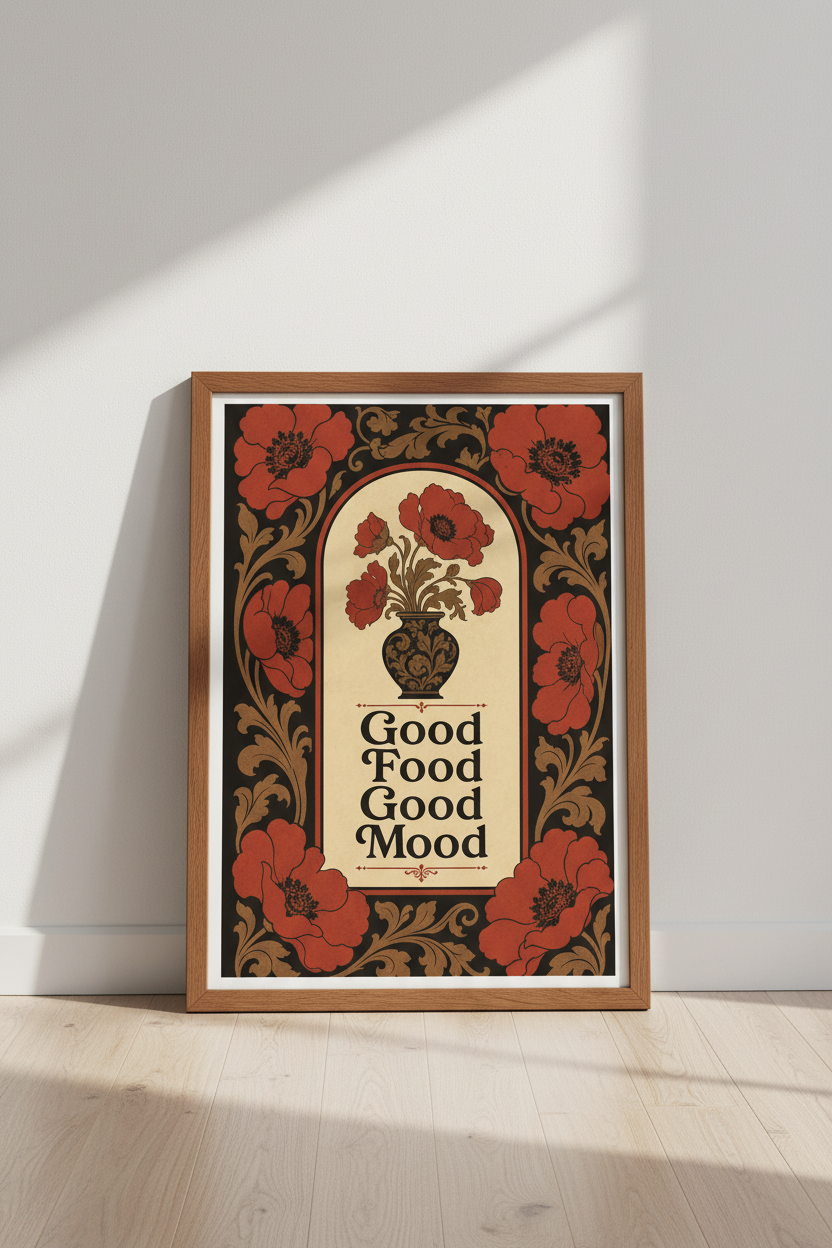 Good Food Good Mood Art Nouveau Wall Art | Kitchen Decor | Vintage Floral Poster