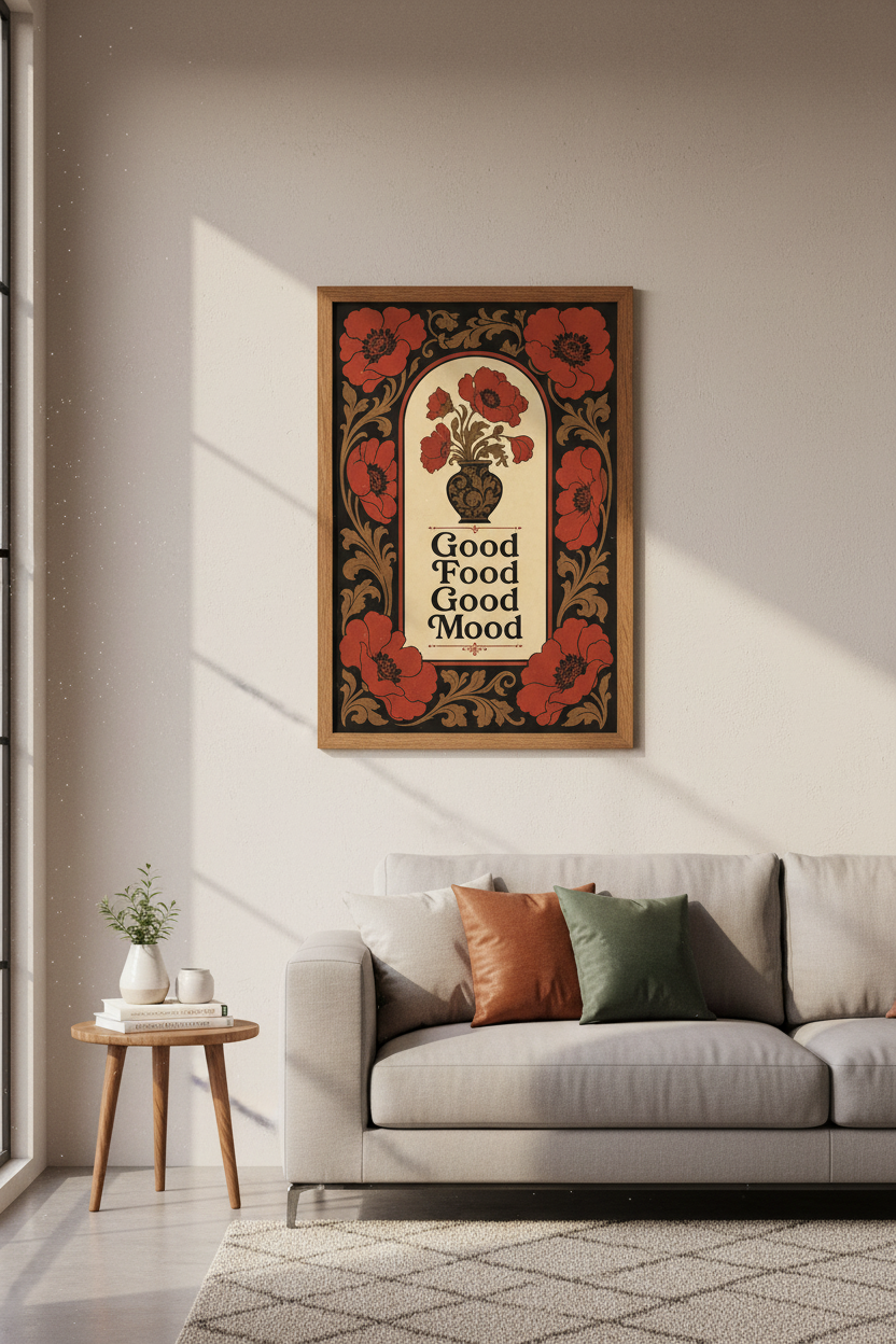 Good Food Good Mood Art Nouveau Wall Art | Kitchen Decor | Vintage Floral Poster