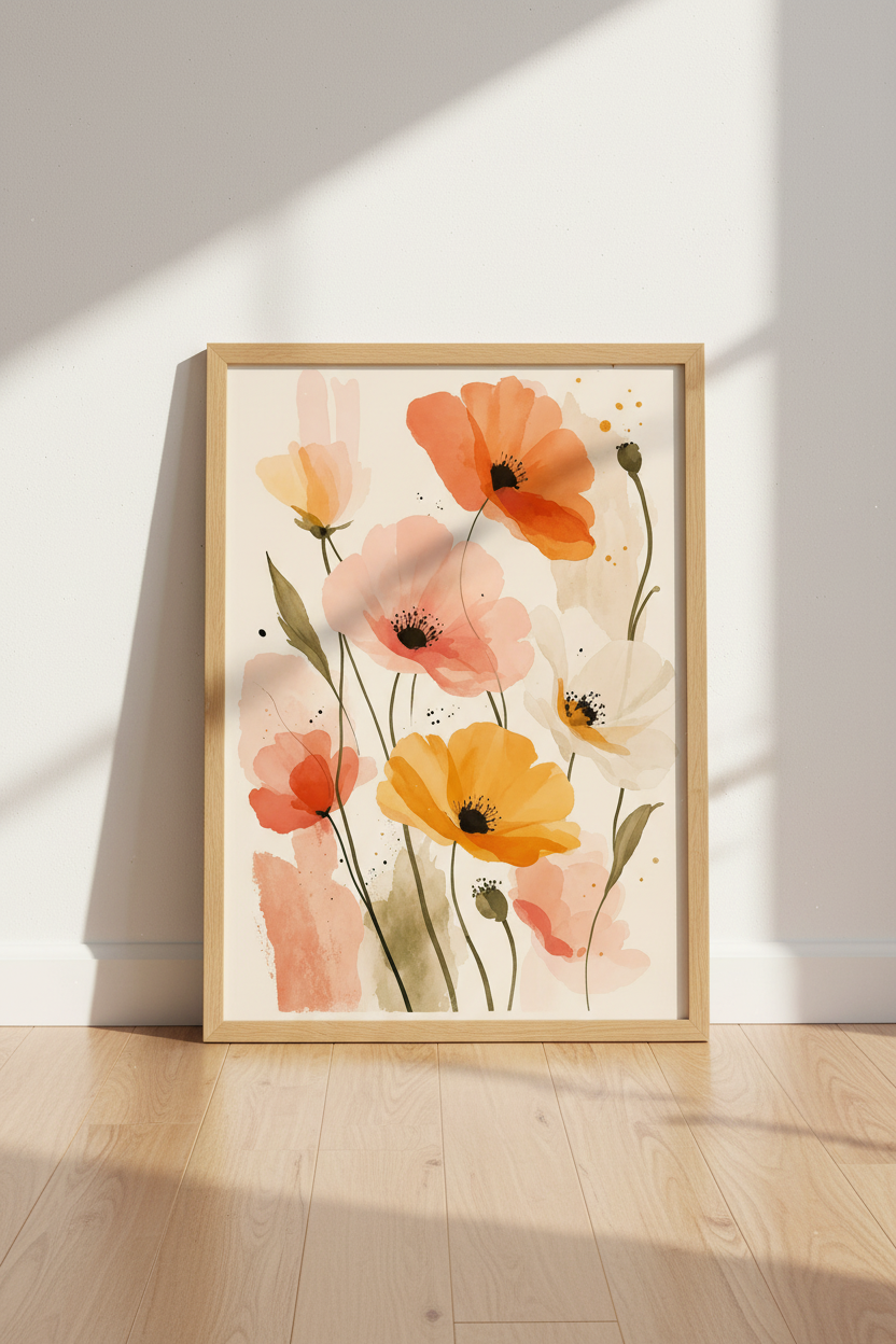Wildflower Poppy Watercolor Print | Soft Coral Floral Wall Art | Boho Botanical Poster