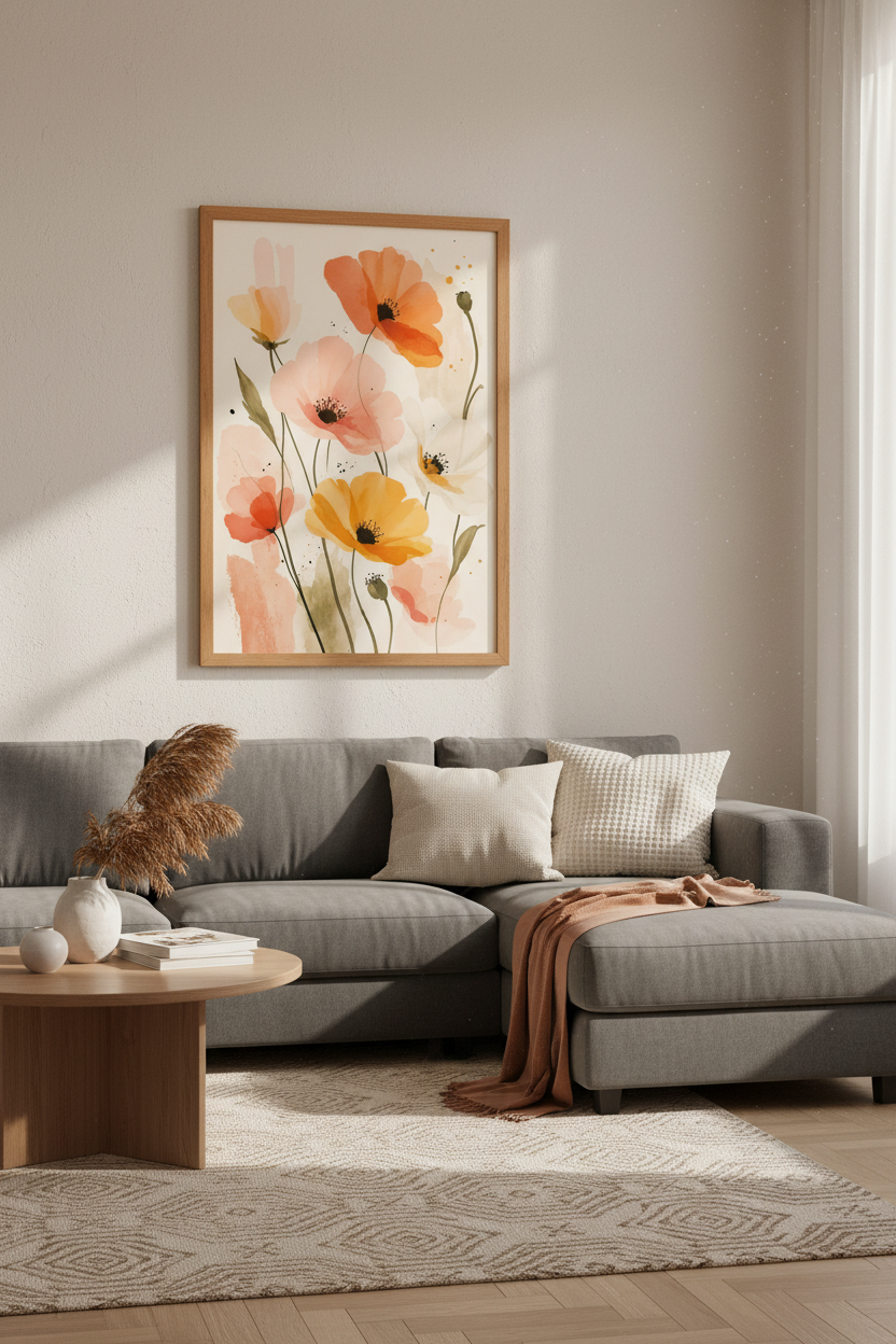 Wildflower Poppy Watercolor Print | Soft Coral Floral Wall Art | Boho Botanical Poster