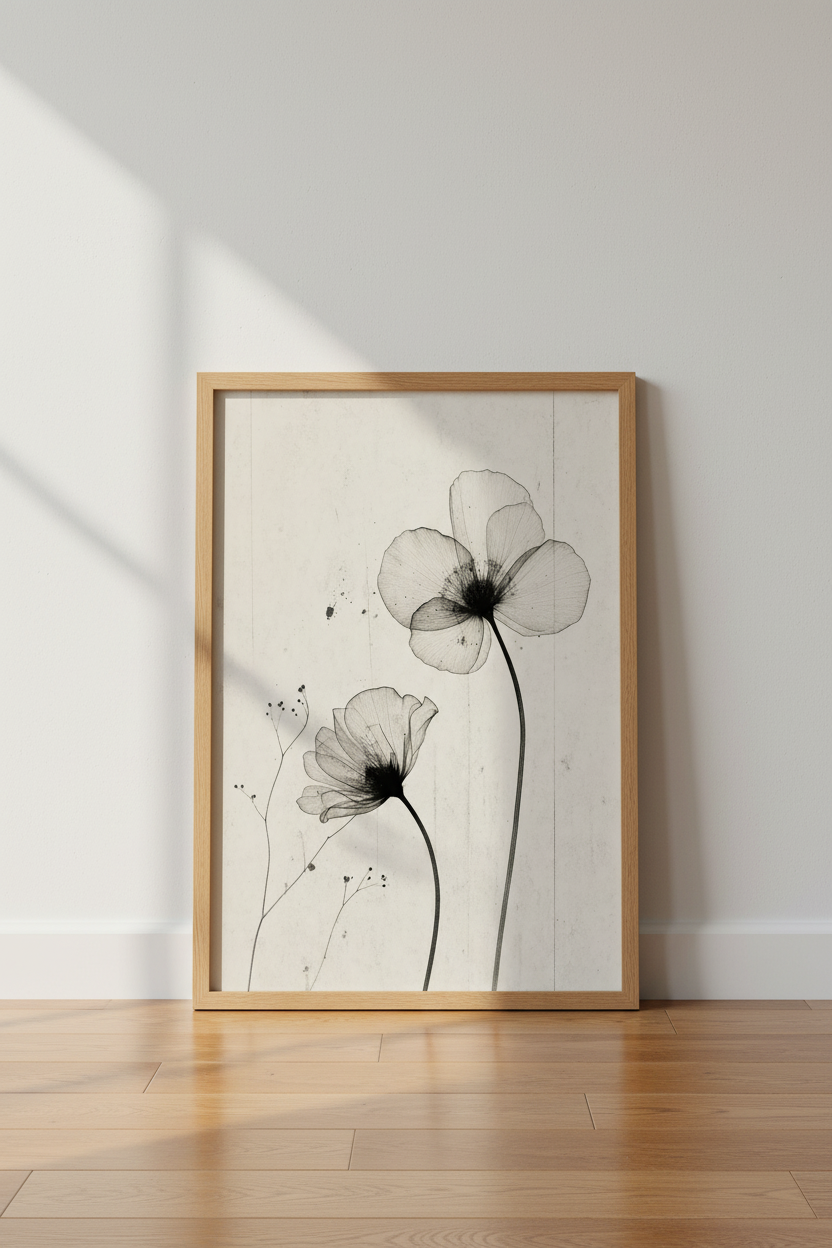 Poppy Flower Print | Minimalist Botanical Charcoal Sketch, Neutral Abstract Decor