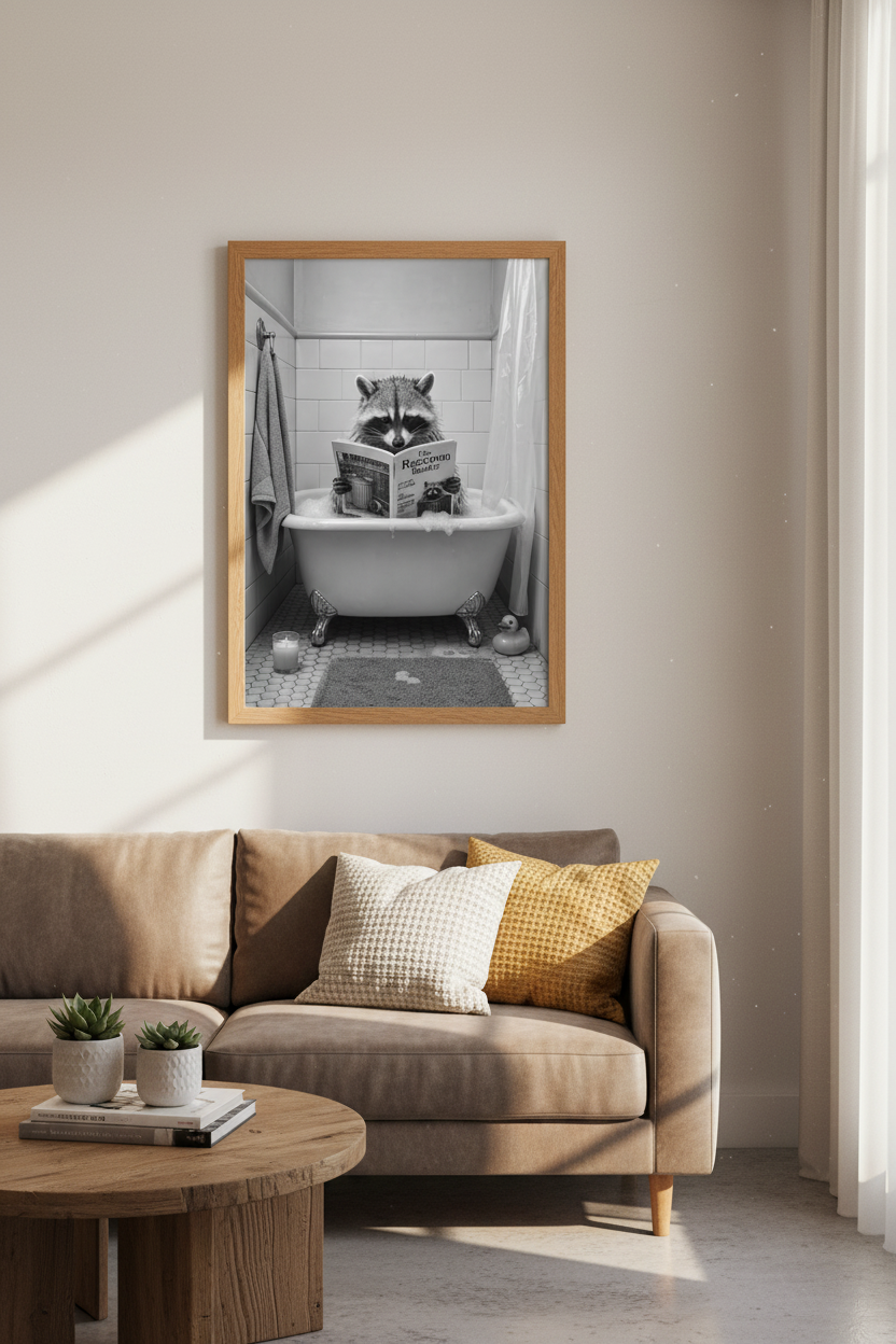 Raccoon in Bathtub Wall Art | Funny Black &amp; White Photography, Bathroom Decor Poster
