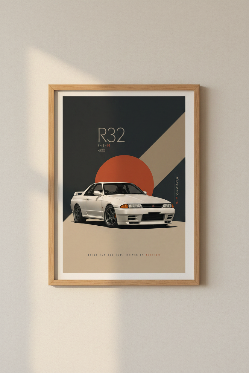 R32 GT-R wall art | Retro car poster, bold orange sun, dark backdrop | Living room decor