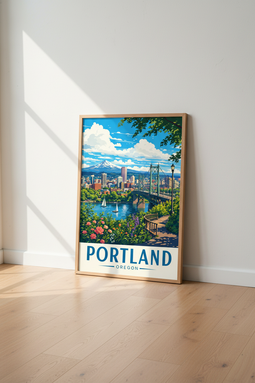 Portland Oregon Travel Poster | Mt Hood Skyline Art Print | PNW Landscape Decor