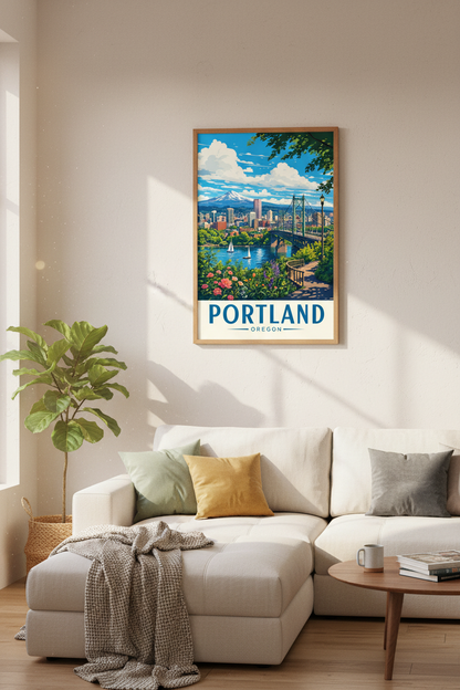 Portland Oregon Travel Poster | Mt Hood Skyline Art Print | PNW Landscape Decor