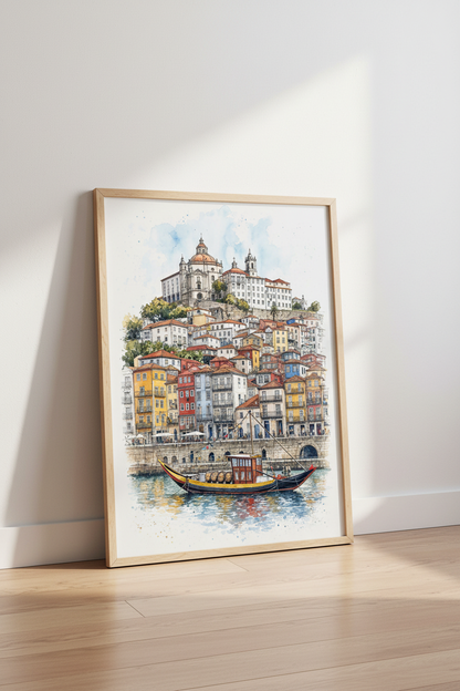 Mediterranean Coastal Town Watercolor Print | European Cityscape Wall Art | Travel Poster