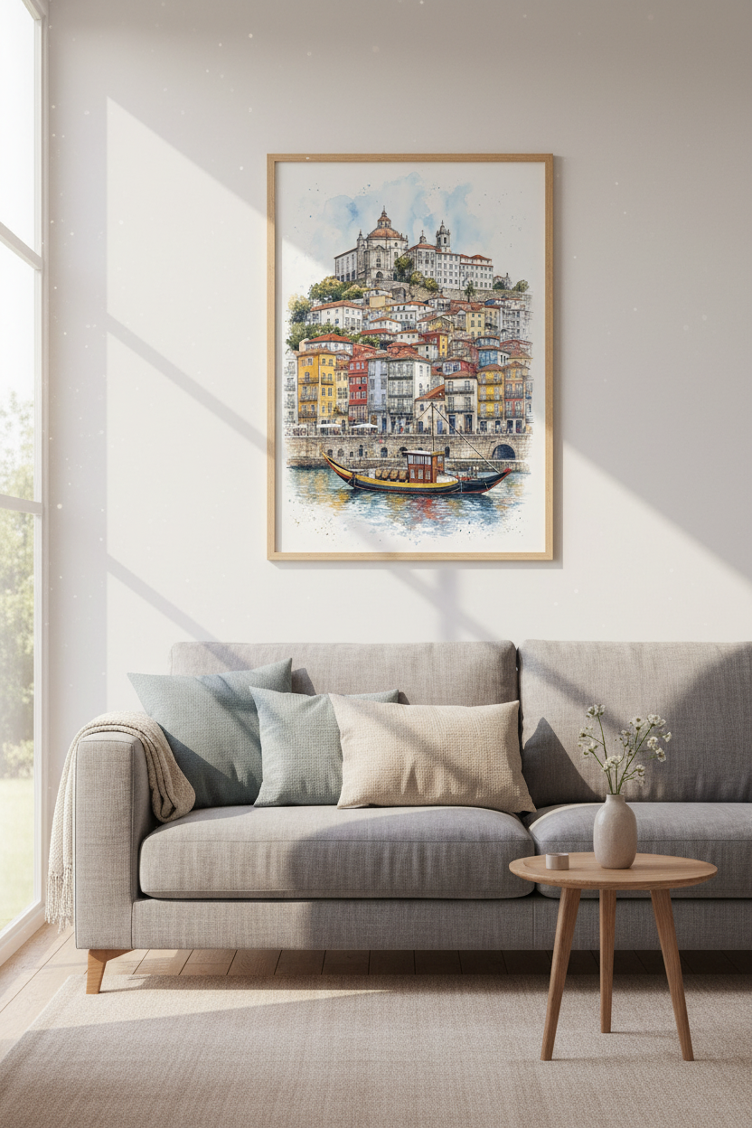Mediterranean Coastal Town Watercolor Print | European Cityscape Wall Art | Travel Poster