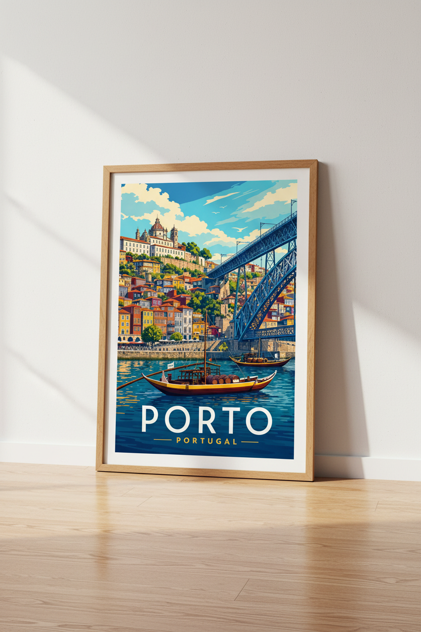 Porto Portugal Travel Poster | Colorful Cityscape Art, Living Room Wall Decor
