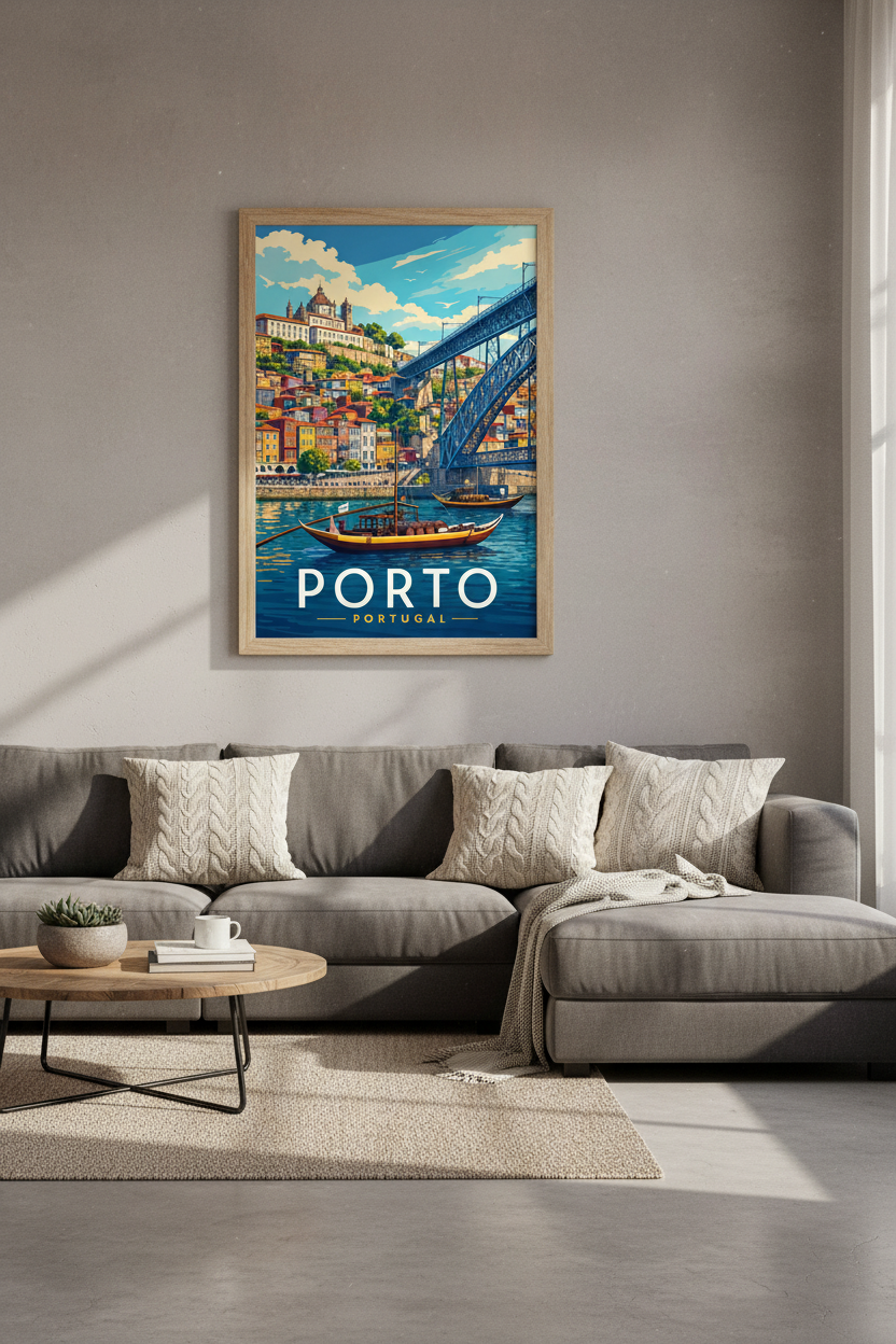 Porto Portugal Travel Poster | Colorful Cityscape Art, Living Room Wall Decor