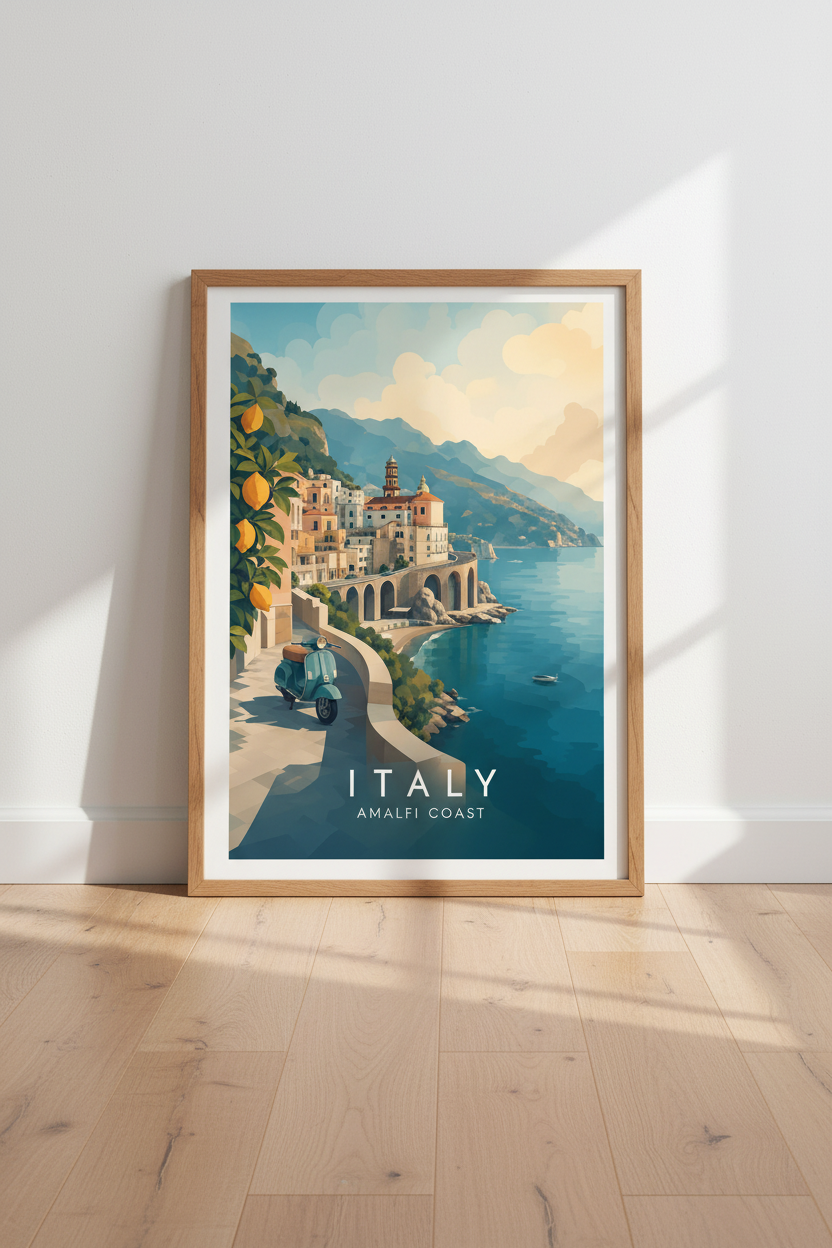 Amalfi Coast Italy Travel Poster | Mediterranean Home Decor | Vintage Style Art