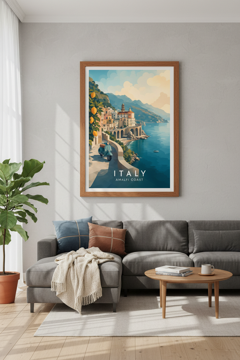 Amalfi Coast Italy Travel Poster | Mediterranean Home Decor | Vintage Style Art