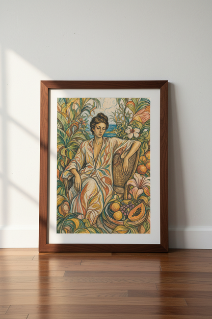 Boho Wall Art Print | Tropical Woman in Garden | Lush Room Decor Poster