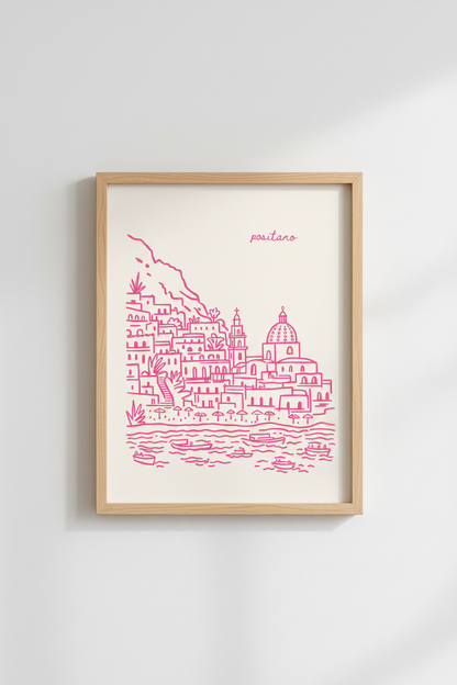 Positano Wall Art Print | Pink Italy Line Art, Amalfi Coast Travel Poster