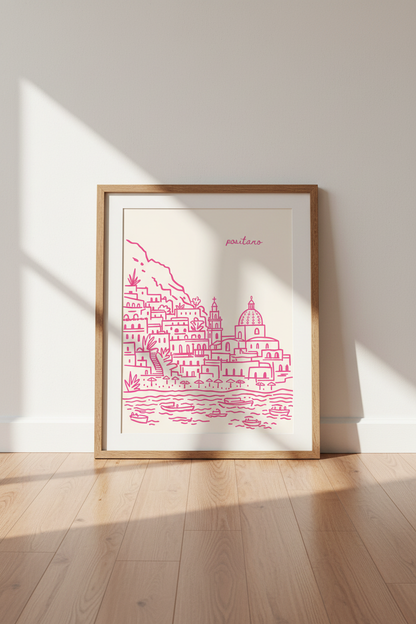 Positano Wall Art Print | Pink Italy Line Art, Amalfi Coast Travel Poster